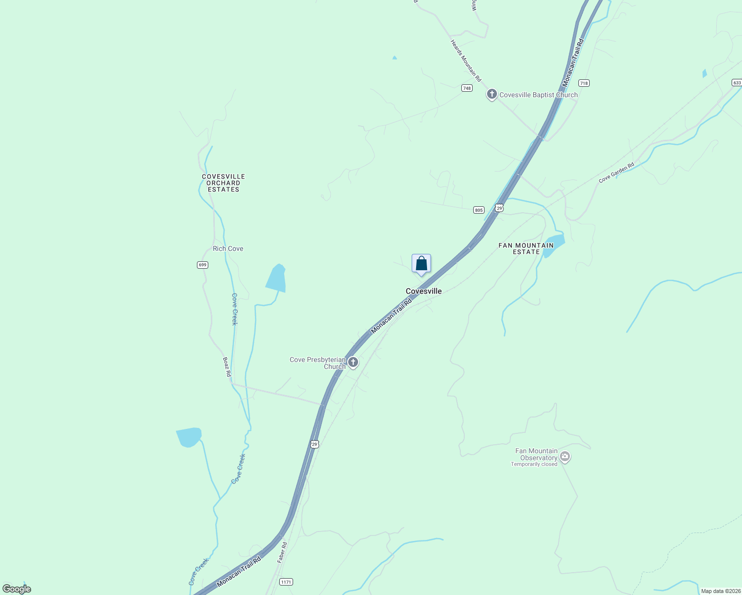 map of restaurants, bars, coffee shops, grocery stores, and more near 6080 Monacan Trail Road in Covesville