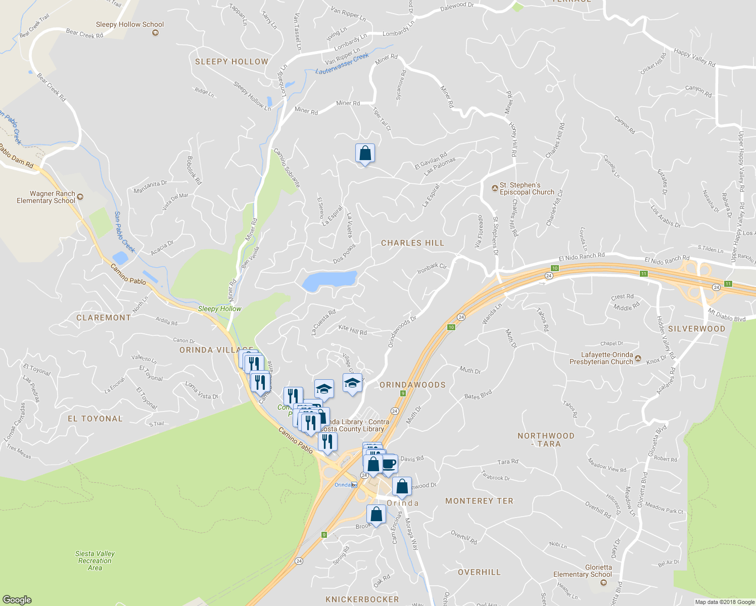 map of restaurants, bars, coffee shops, grocery stores, and more near 15 Cascade Lane in Orinda
