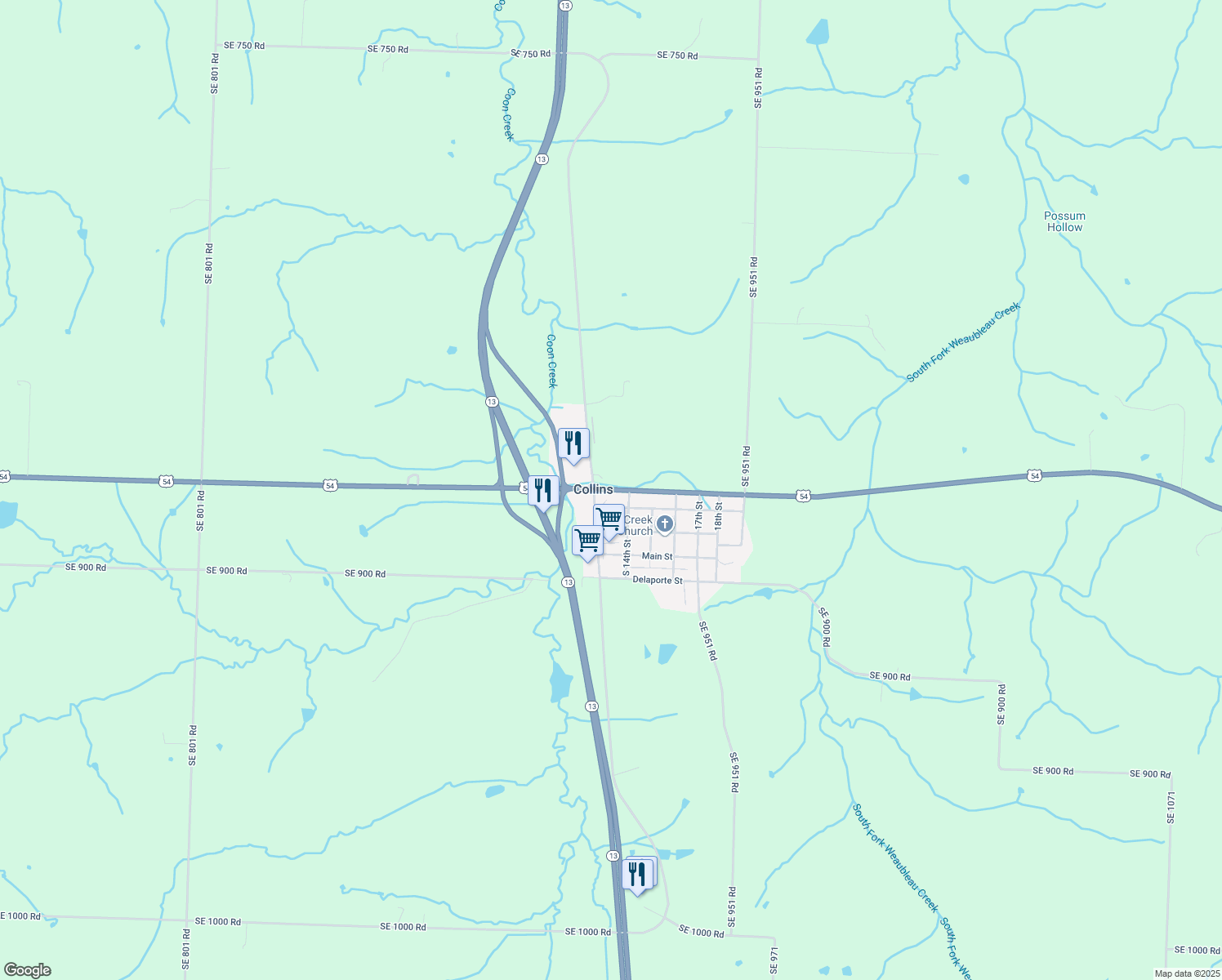 map of restaurants, bars, coffee shops, grocery stores, and more near U.S. 54 in Collins
