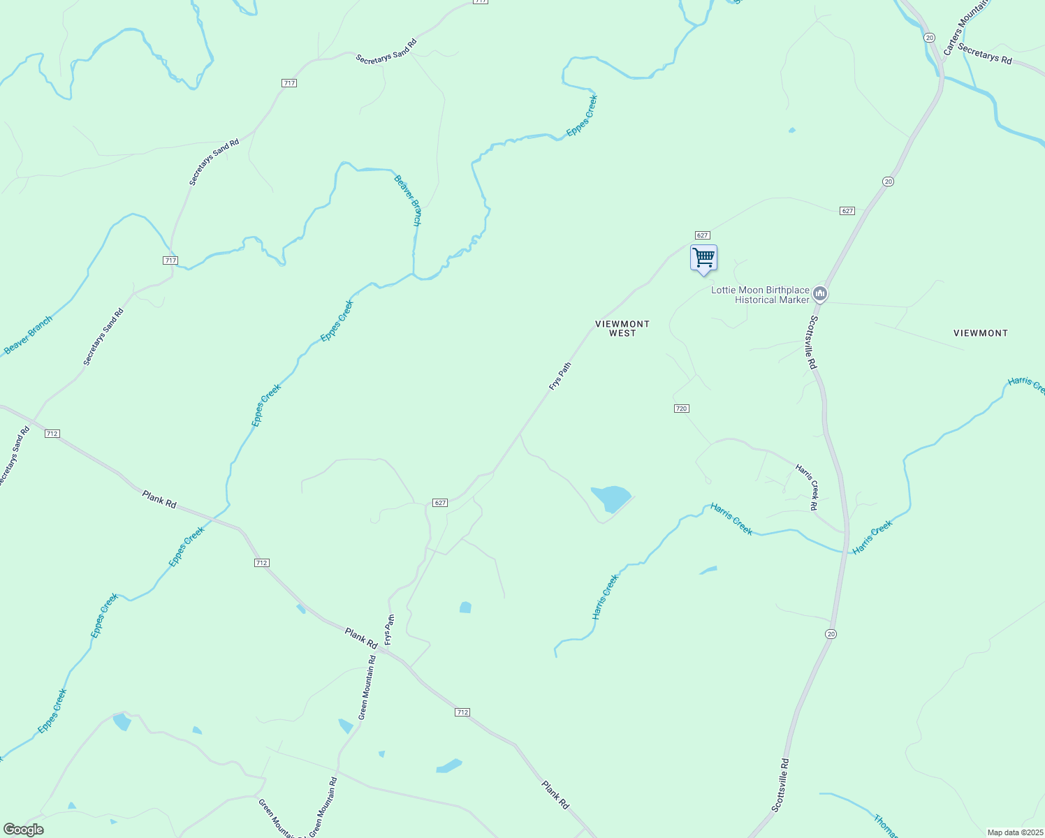 map of restaurants, bars, coffee shops, grocery stores, and more near Frys Path in Charlottesville