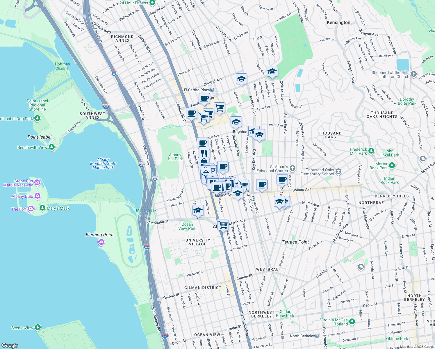 map of restaurants, bars, coffee shops, grocery stores, and more near 728 Stannage Avenue in Albany