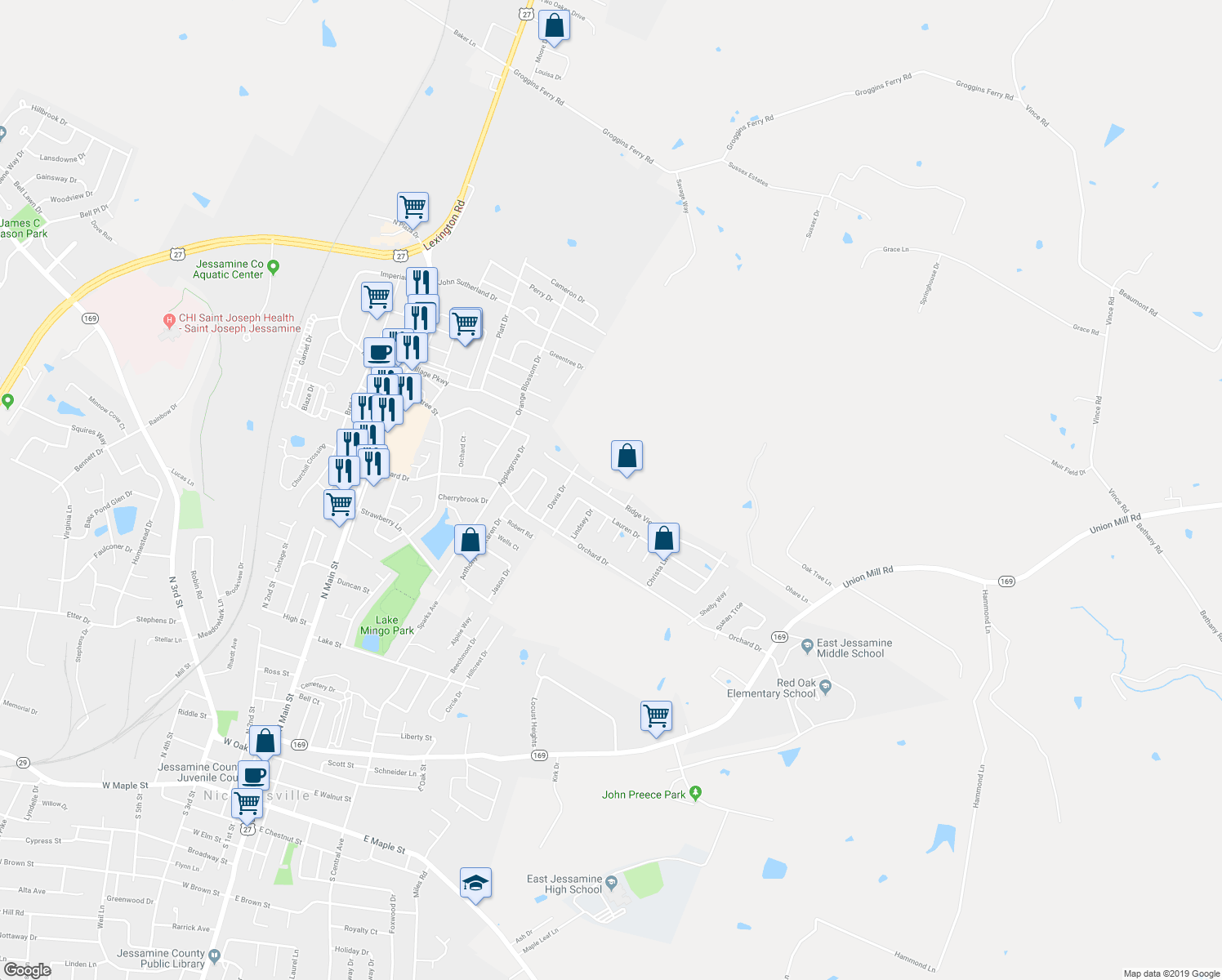 map of restaurants, bars, coffee shops, grocery stores, and more near 105 Summit Court in Nicholasville