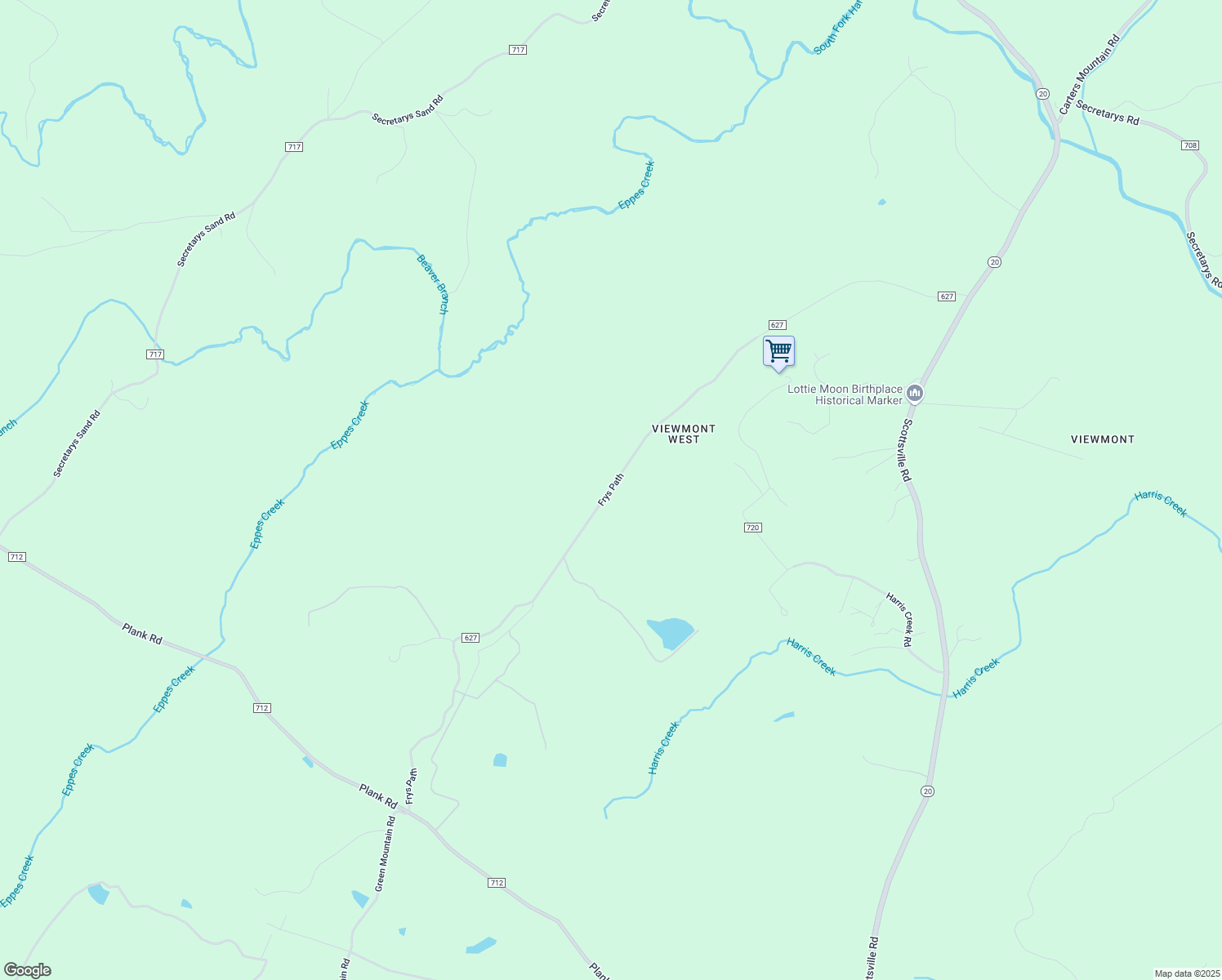 map of restaurants, bars, coffee shops, grocery stores, and more near Frys Path in Charlottesville