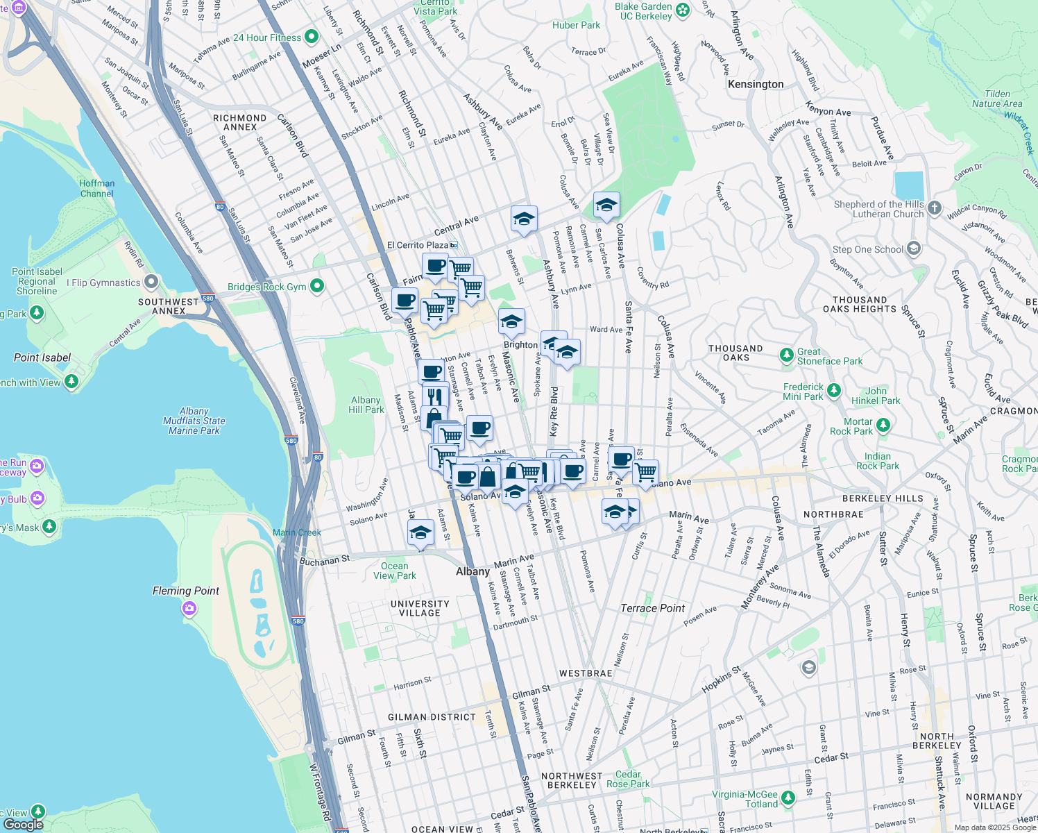 map of restaurants, bars, coffee shops, grocery stores, and more near 1252 Portland Avenue in Albany