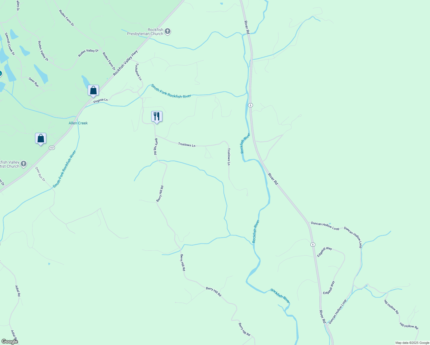 map of restaurants, bars, coffee shops, grocery stores, and more near 922 Truslows Lane in Nellysford