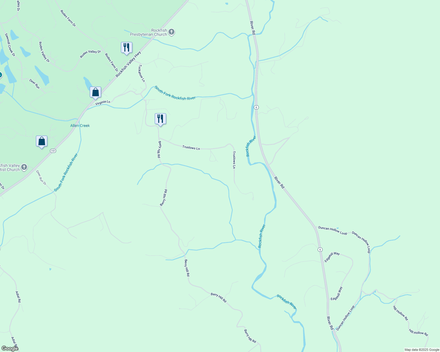 map of restaurants, bars, coffee shops, grocery stores, and more near 922 Truslows Lane in Nellysford