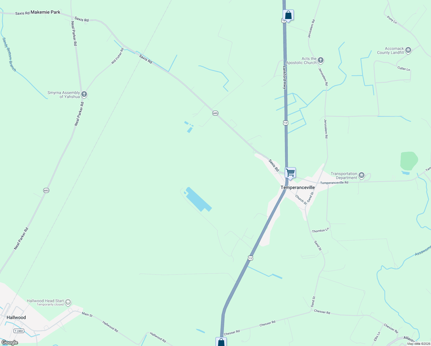 map of restaurants, bars, coffee shops, grocery stores, and more near 30122 Saxis Road in Temperanceville