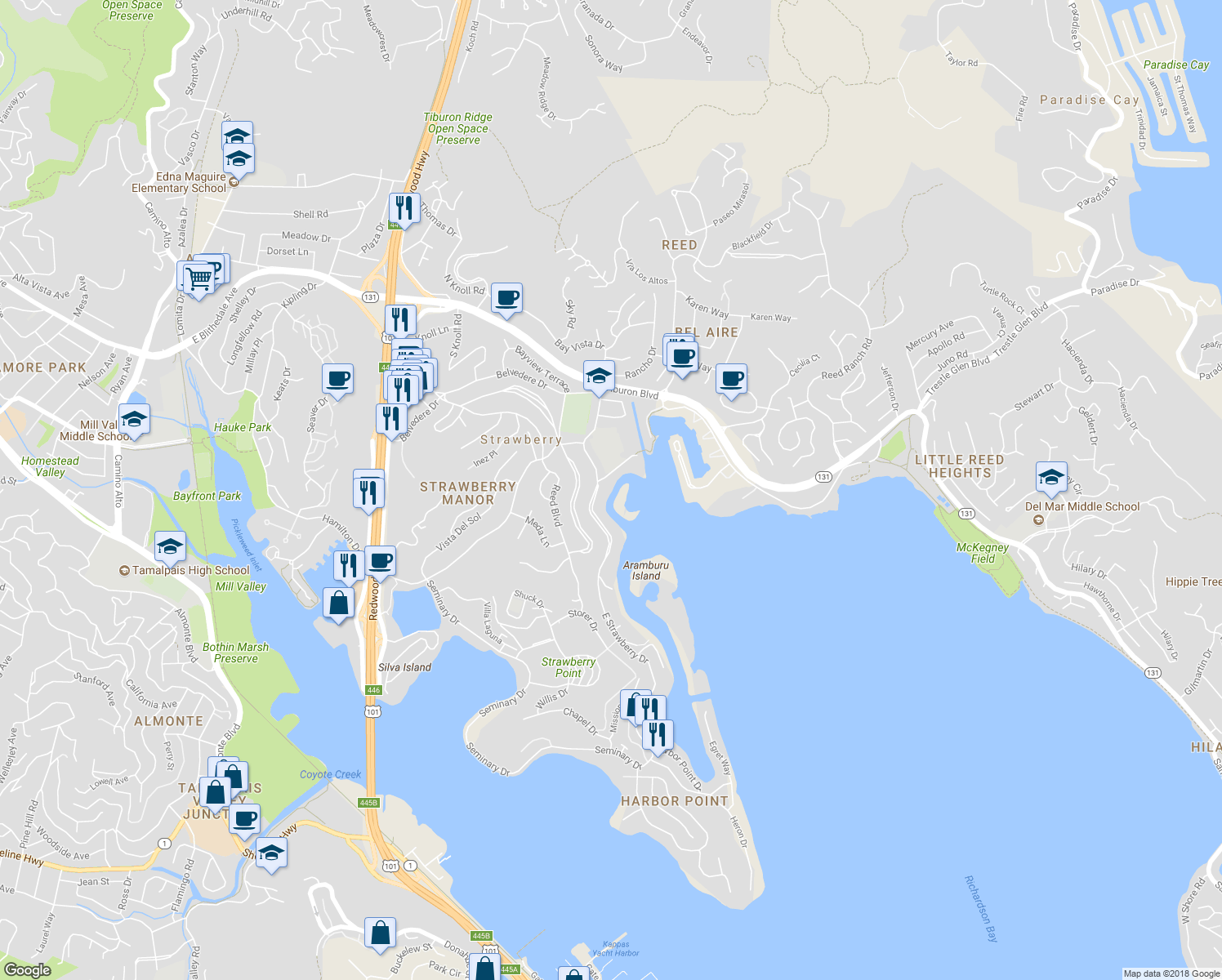 map of restaurants, bars, coffee shops, grocery stores, and more near 223 East Strawberry Drive in Mill Valley
