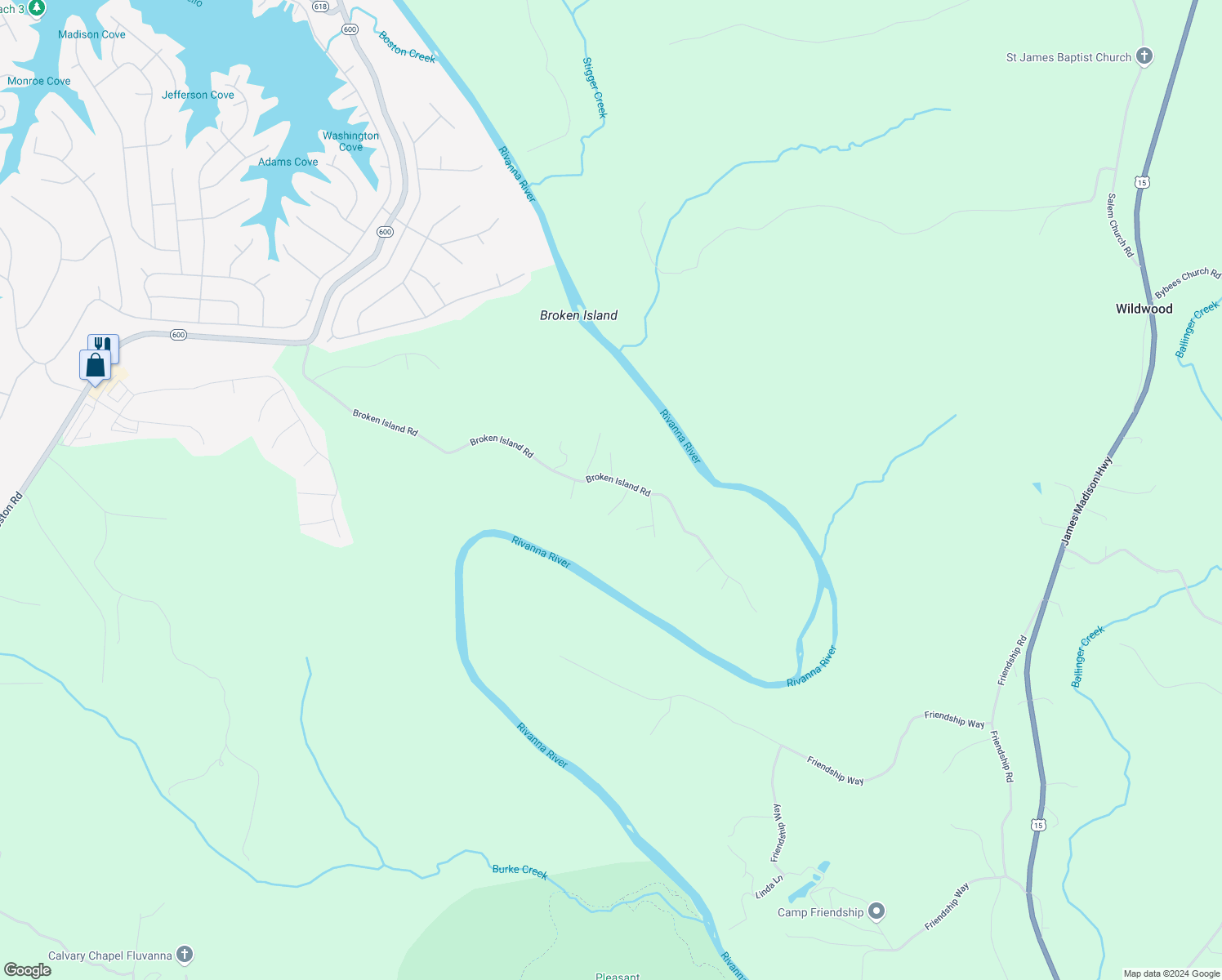 map of restaurants, bars, coffee shops, grocery stores, and more near 1086 Broken Island Road in Palmyra