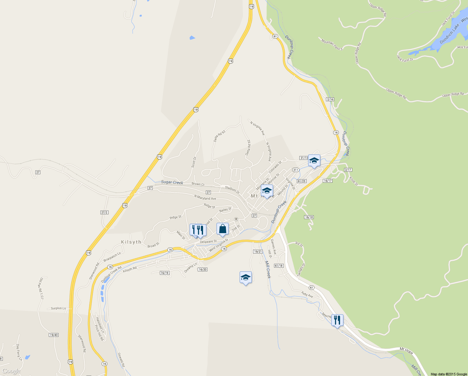 map of restaurants, bars, coffee shops, grocery stores, and more near 212 Stadium Dr in Mt Hope