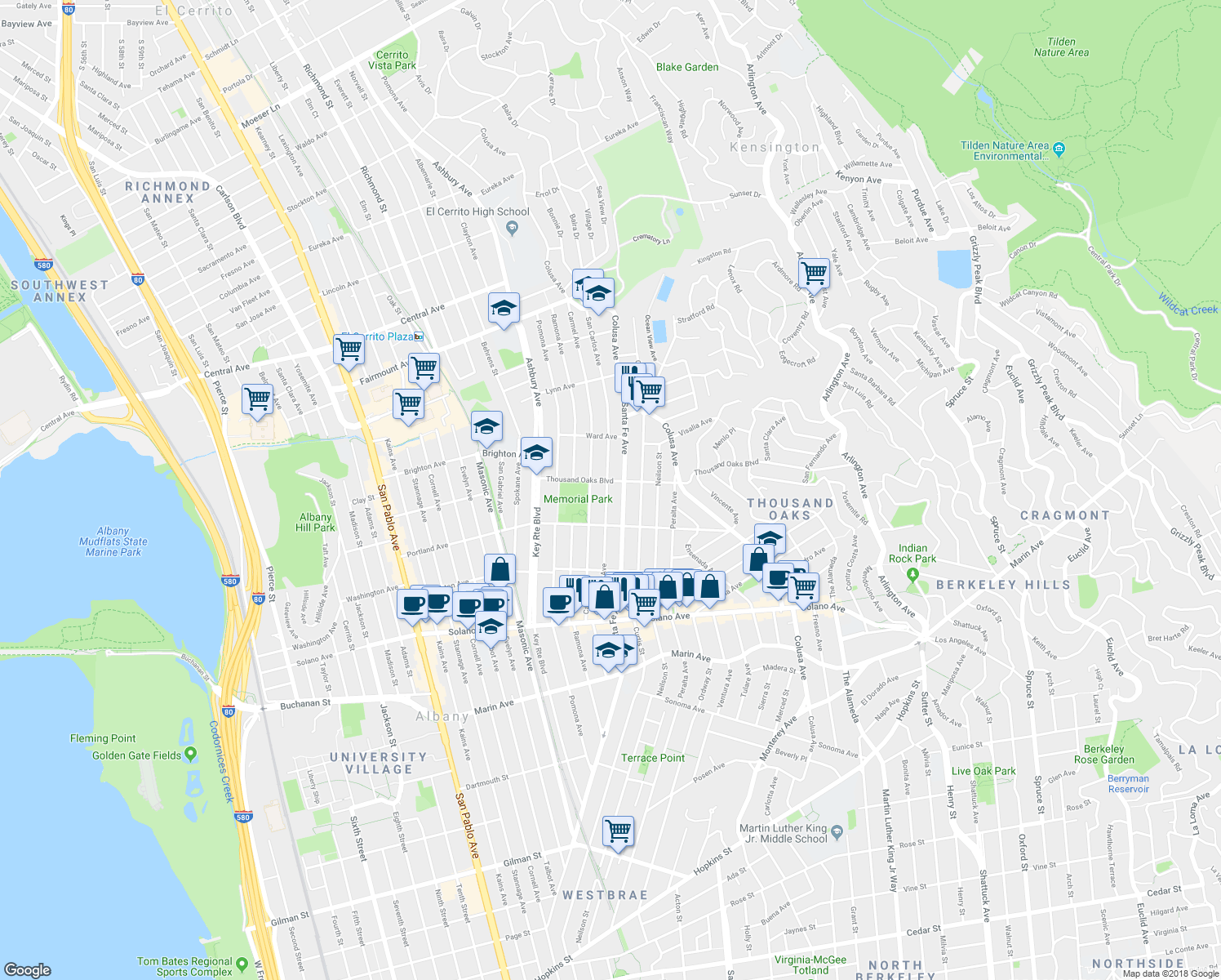 map of restaurants, bars, coffee shops, grocery stores, and more near 609 San Carlos Avenue in Albany
