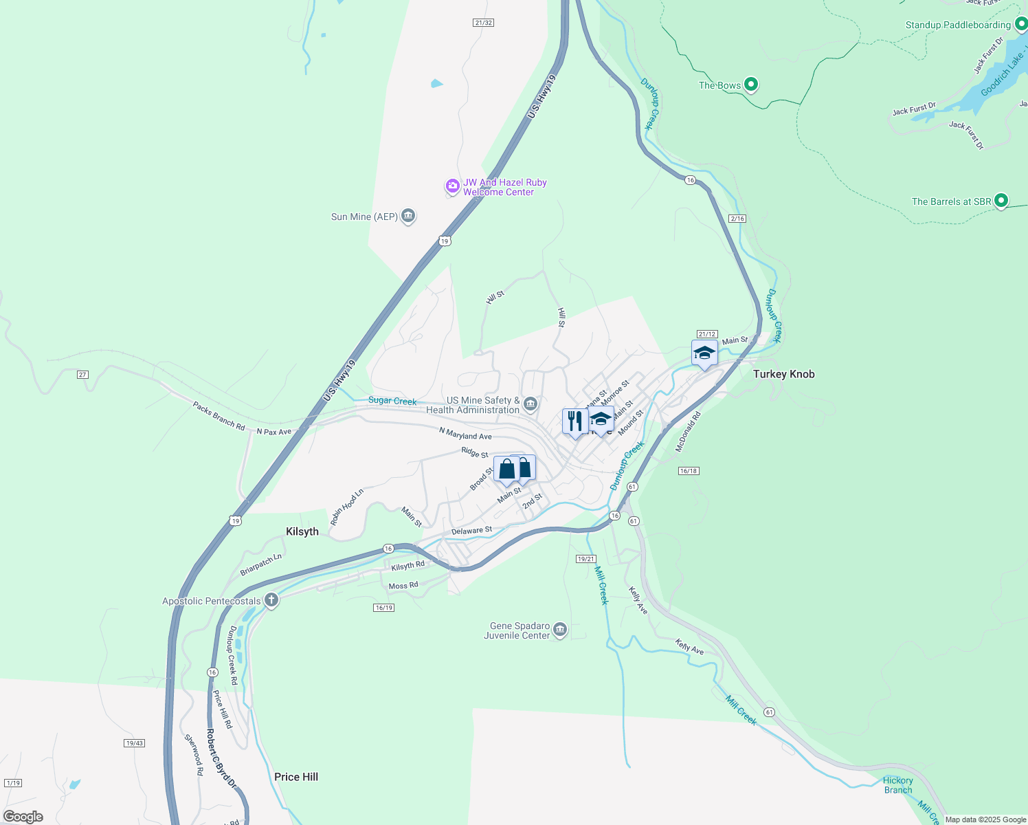 map of restaurants, bars, coffee shops, grocery stores, and more near Stadium Dr in Mt Hope