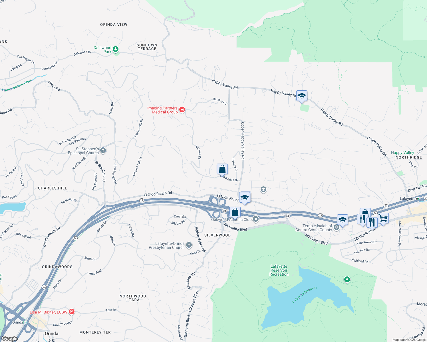map of restaurants, bars, coffee shops, grocery stores, and more near 4040 Los Arabis Drive in Lafayette