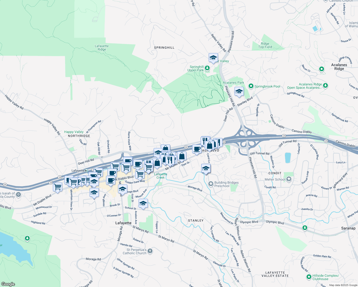 map of restaurants, bars, coffee shops, grocery stores, and more near 3390 Deer Hill Road in Lafayette