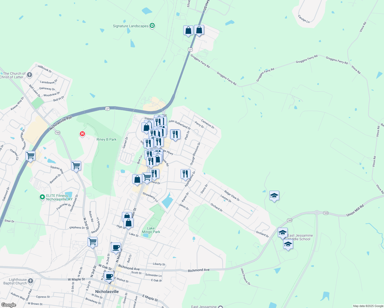 map of restaurants, bars, coffee shops, grocery stores, and more near 120 Millhouse Drive in Nicholasville