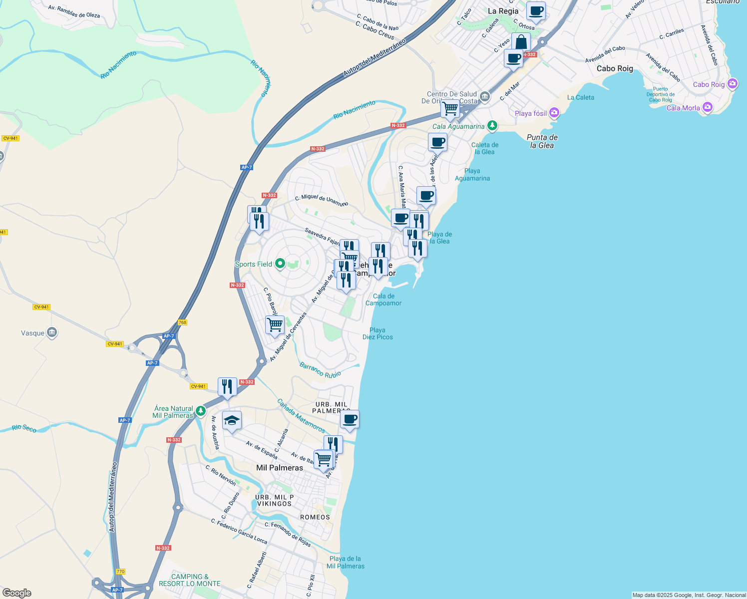 map of restaurants, bars, coffee shops, grocery stores, and more near s/n Calle Calderón de la Barca in Dehesa de Campoamor