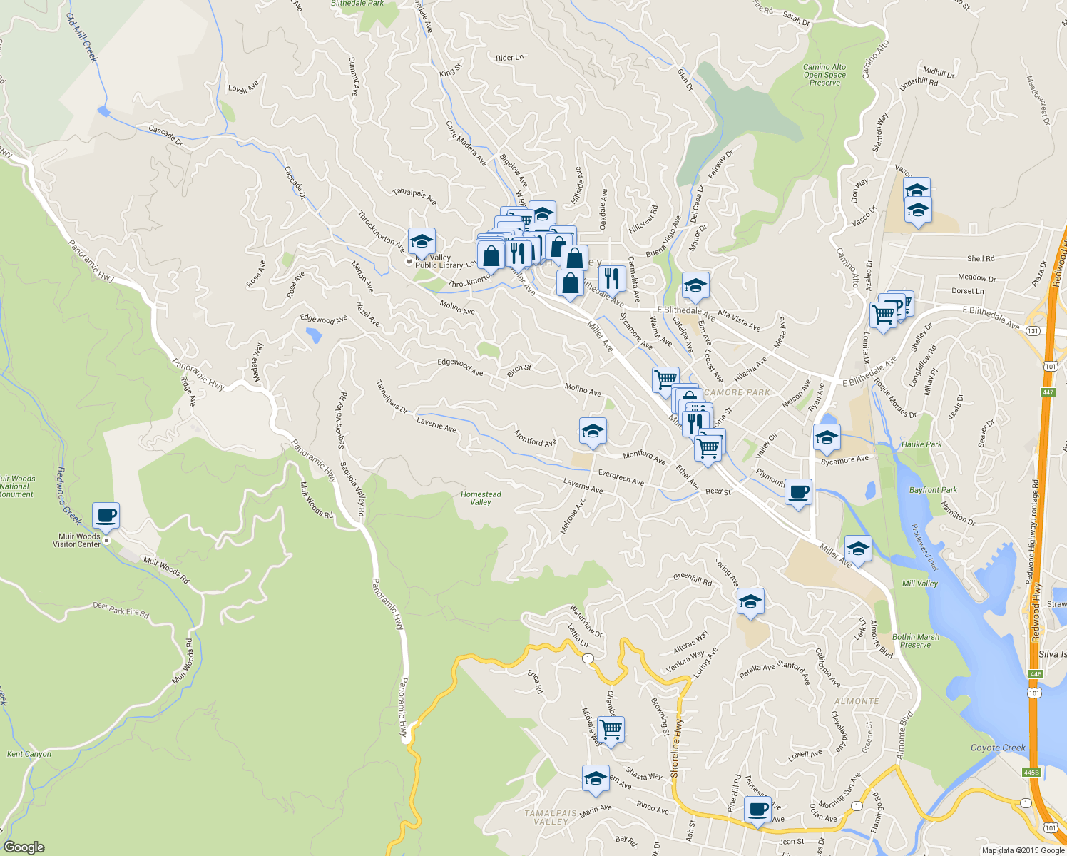 map of restaurants, bars, coffee shops, grocery stores, and more near 370 Montford Avenue in Mill Valley