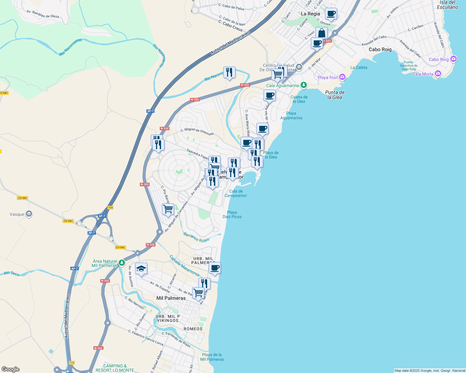 map of restaurants, bars, coffee shops, grocery stores, and more near 11-12 Calle Calderón de la Barca in Orihuela