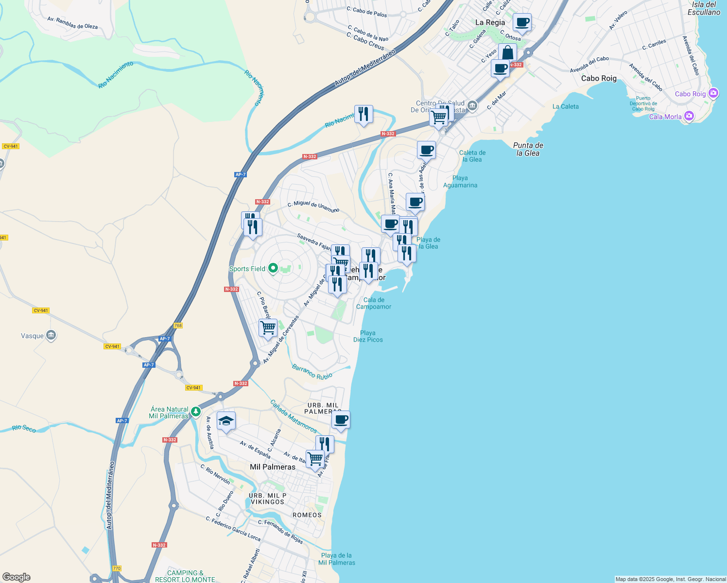 map of restaurants, bars, coffee shops, grocery stores, and more near in Alicante