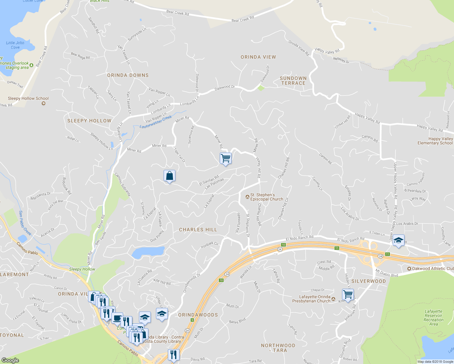 map of restaurants, bars, coffee shops, grocery stores, and more near Las Vegas Road in Orinda