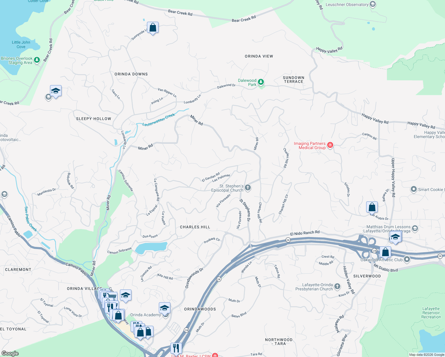 map of restaurants, bars, coffee shops, grocery stores, and more near 40 Las Palomas in Orinda