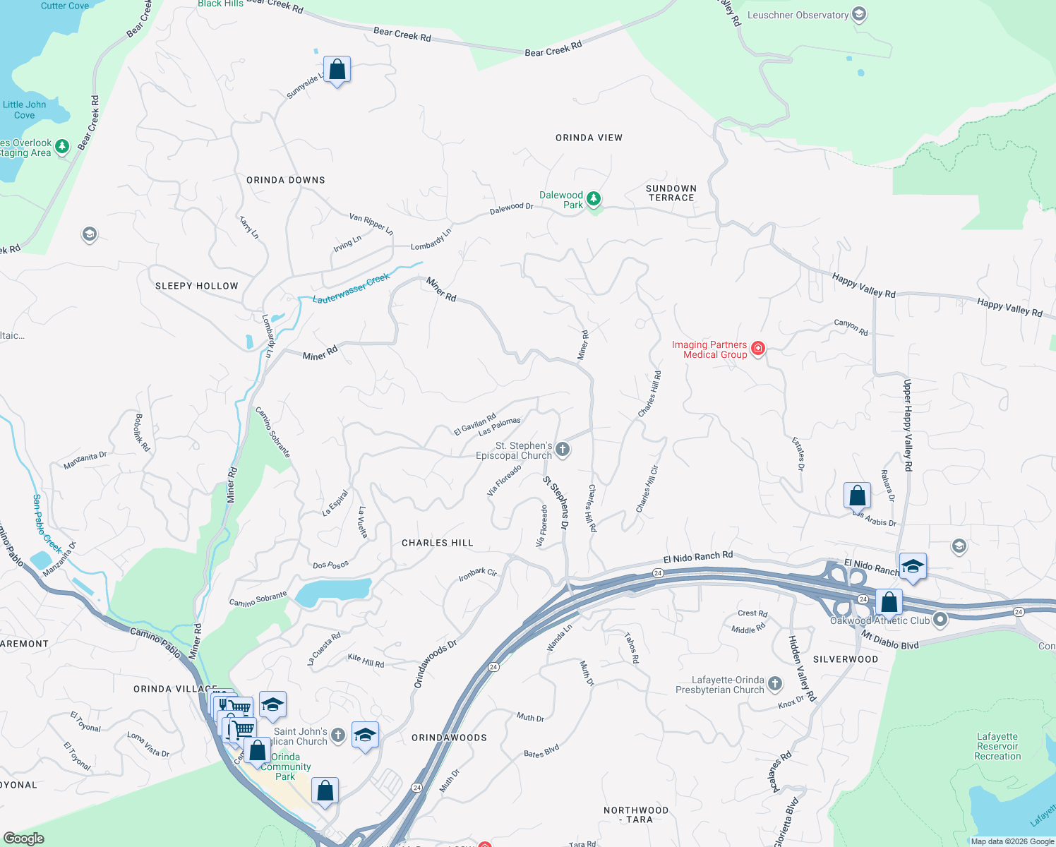 map of restaurants, bars, coffee shops, grocery stores, and more near 102 Las Vegas Road in Orinda