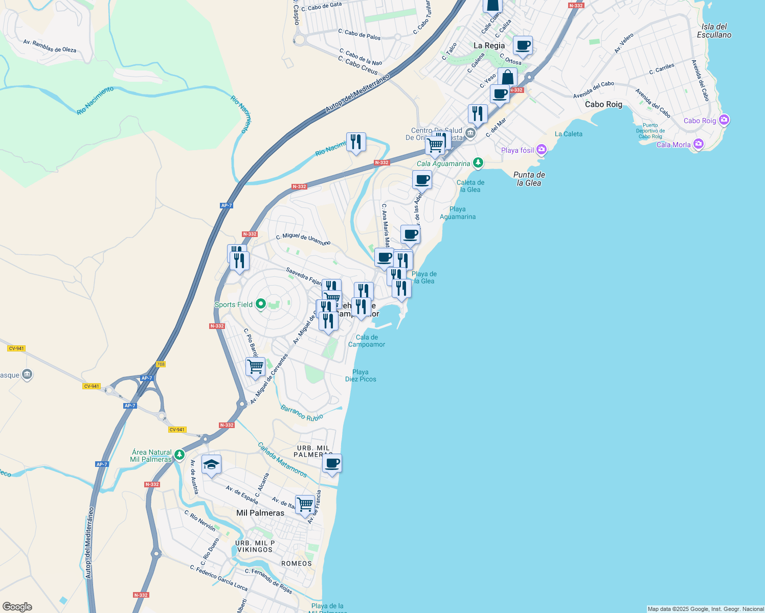 map of restaurants, bars, coffee shops, grocery stores, and more near 3 Ronda Ramon de Campoamor in Alicante