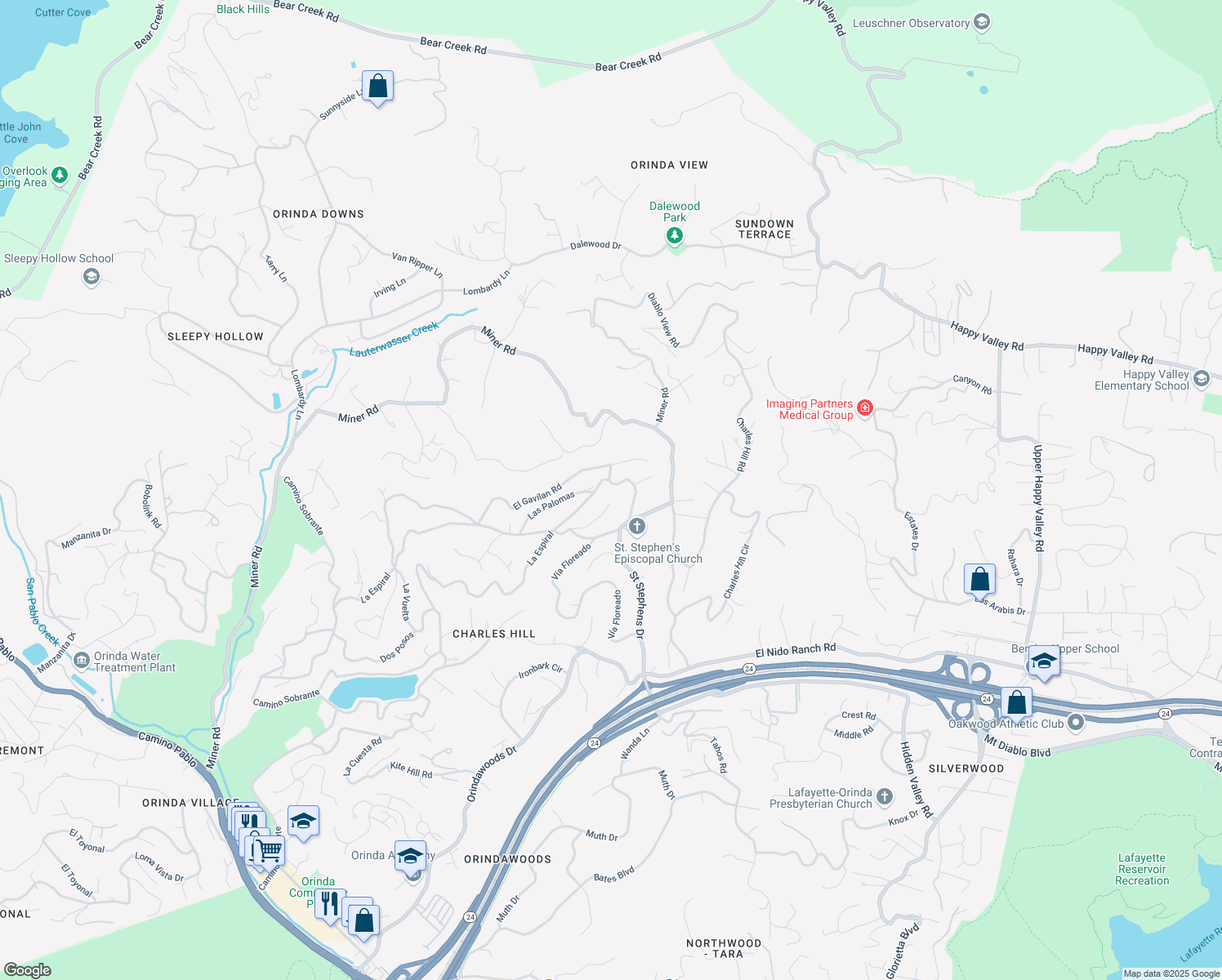 map of restaurants, bars, coffee shops, grocery stores, and more near 102 Las Vegas Road in Orinda