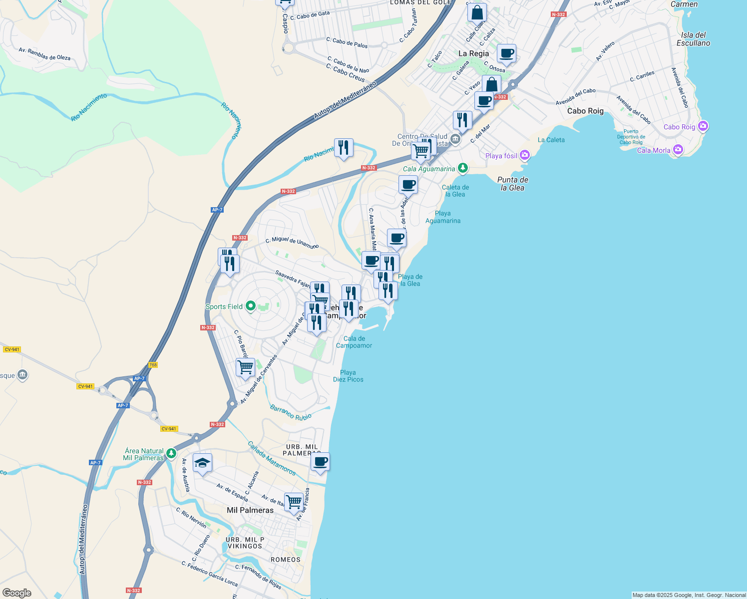 map of restaurants, bars, coffee shops, grocery stores, and more near 3 Ronda Ramon de Campoamor in Orihuela