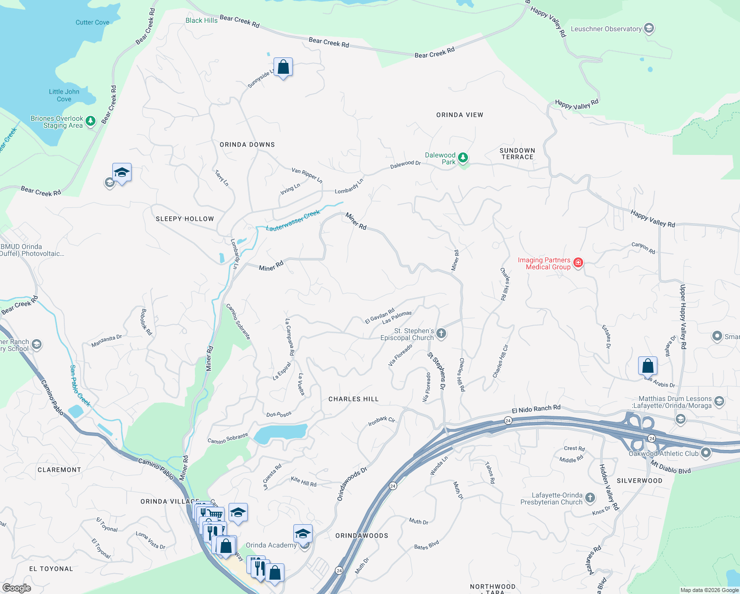 map of restaurants, bars, coffee shops, grocery stores, and more near 83 Tiger Tail Court in Orinda