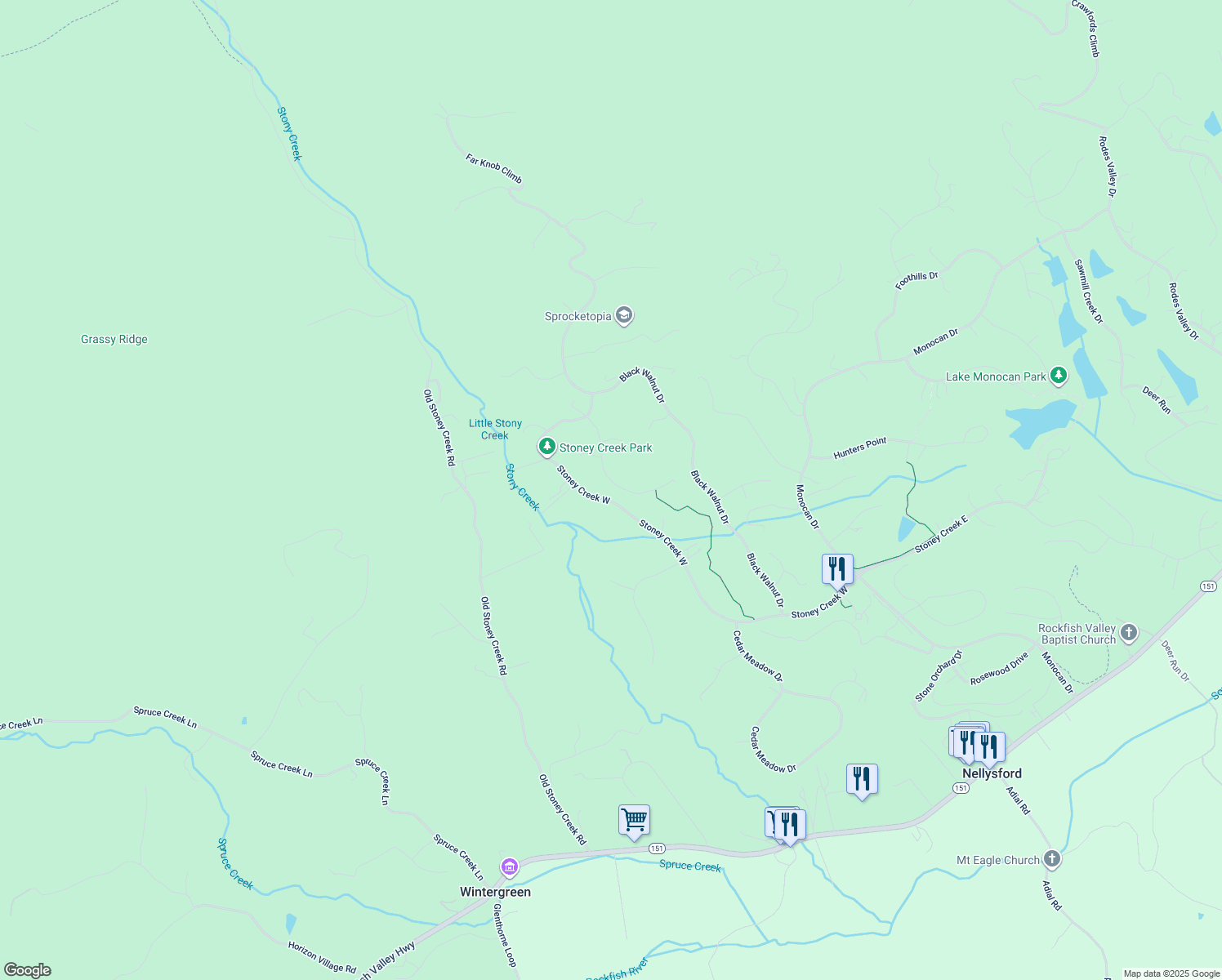 map of restaurants, bars, coffee shops, grocery stores, and more near 220 Saddleback Knoll in Nellysford