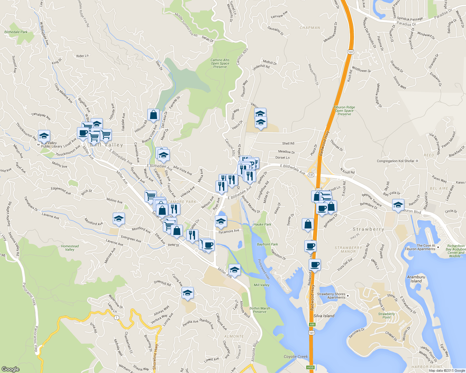 map of restaurants, bars, coffee shops, grocery stores, and more near 250 Camino Alto in Mill Valley