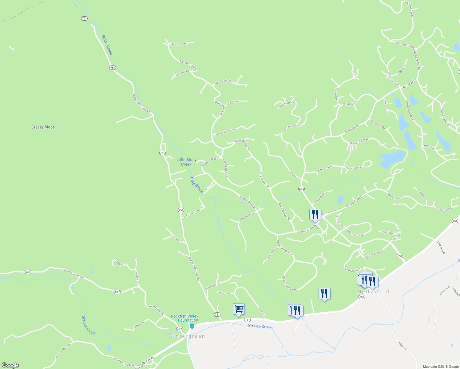 map of restaurants, bars, coffee shops, grocery stores, and more near 220 Saddleback Knoll in Nellysford