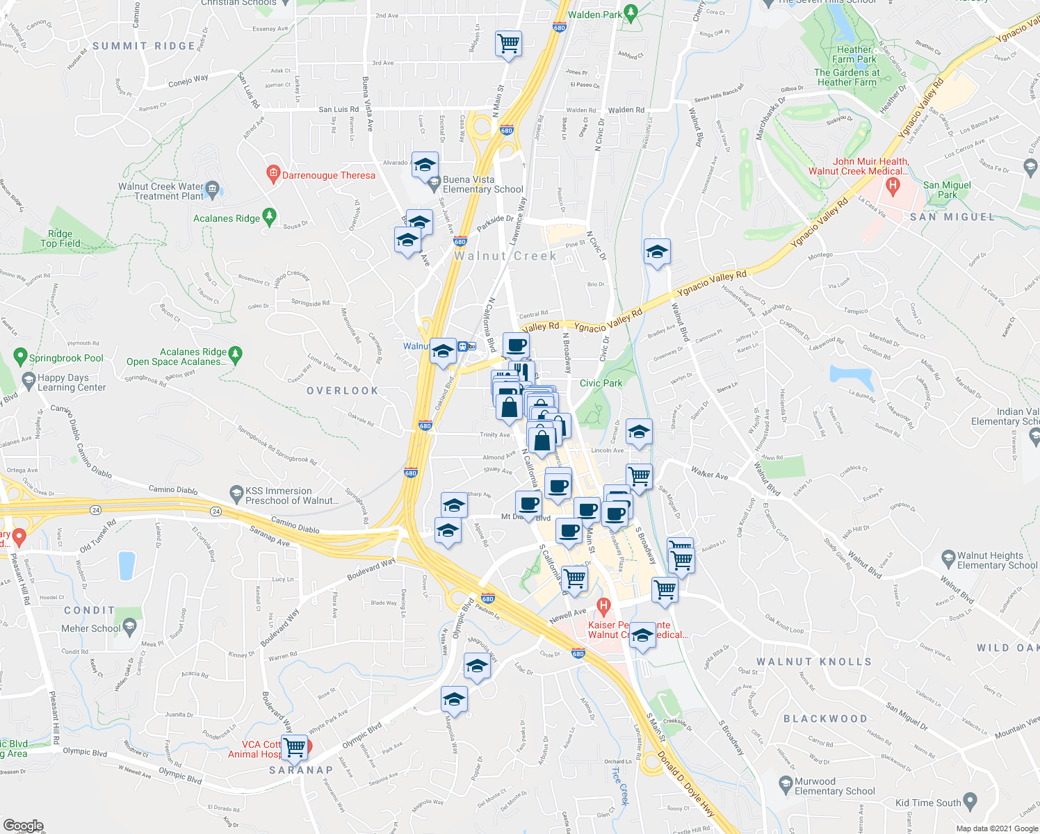 map of restaurants, bars, coffee shops, grocery stores, and more near 1676 North California Boulevard in Walnut Creek