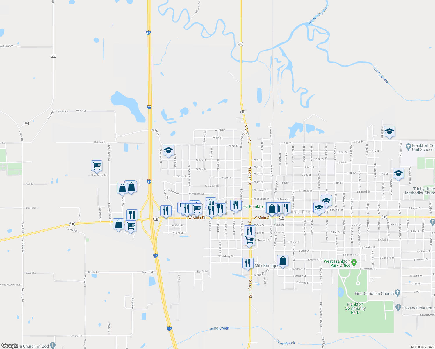 map of restaurants, bars, coffee shops, grocery stores, and more near 505 North Horn Street in West Frankfort