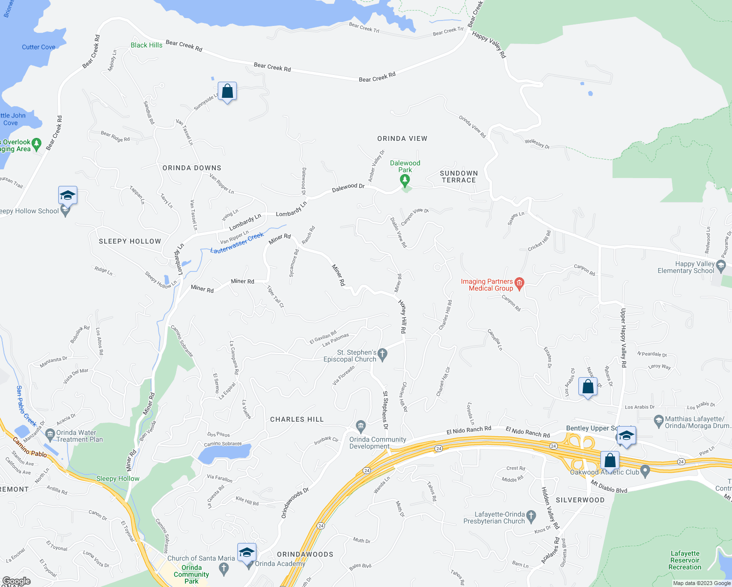 map of restaurants, bars, coffee shops, grocery stores, and more near 1 Gardiner Court in Orinda