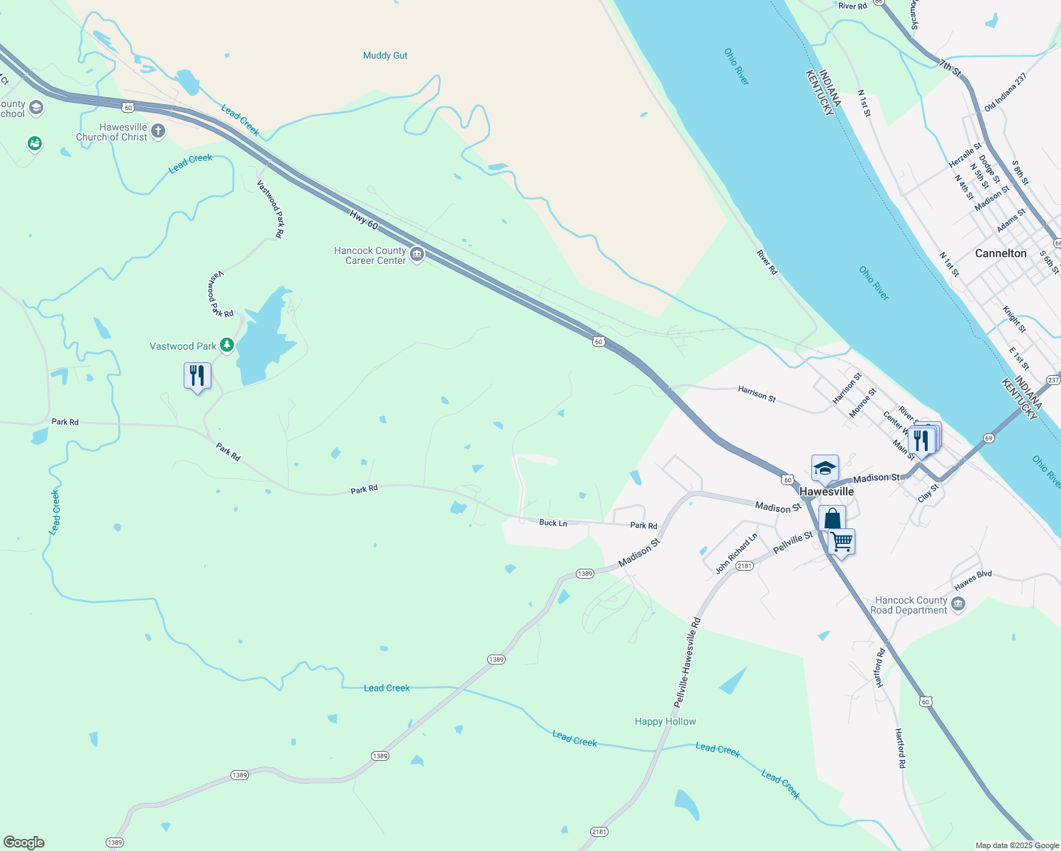 map of restaurants, bars, coffee shops, grocery stores, and more near Ridgewood Rd in Hawesville
