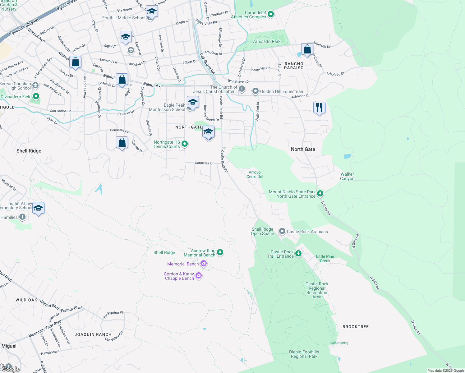 map of restaurants, bars, coffee shops, grocery stores, and more near 685 Castle Rock Rd in Walnut Creek