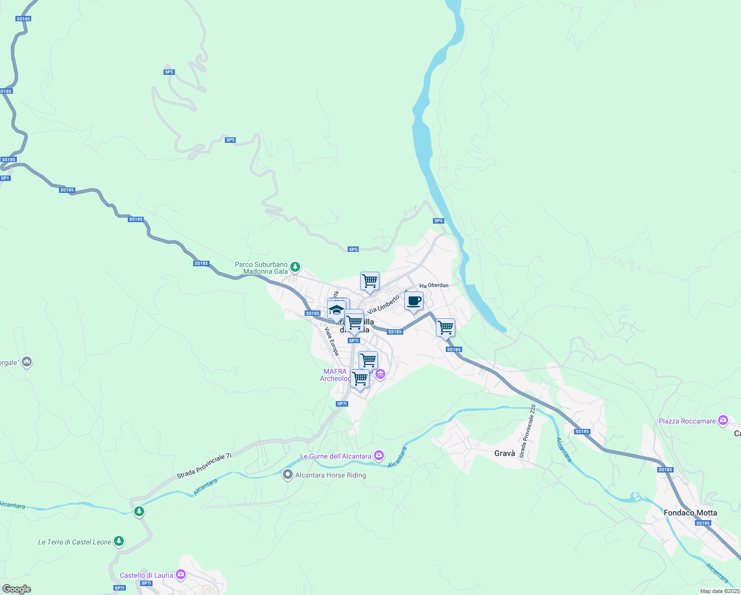 map of restaurants, bars, coffee shops, grocery stores, and more near 2 Piazza Prescimone in Francavilla di Sicilia