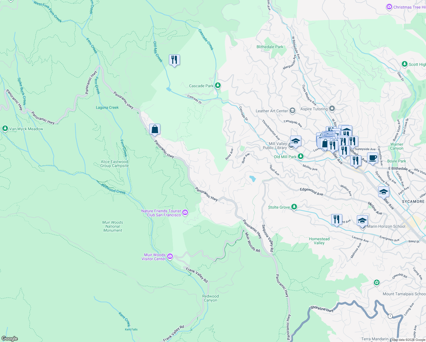 map of restaurants, bars, coffee shops, grocery stores, and more near 658 Edgewood Avenue in Mill Valley
