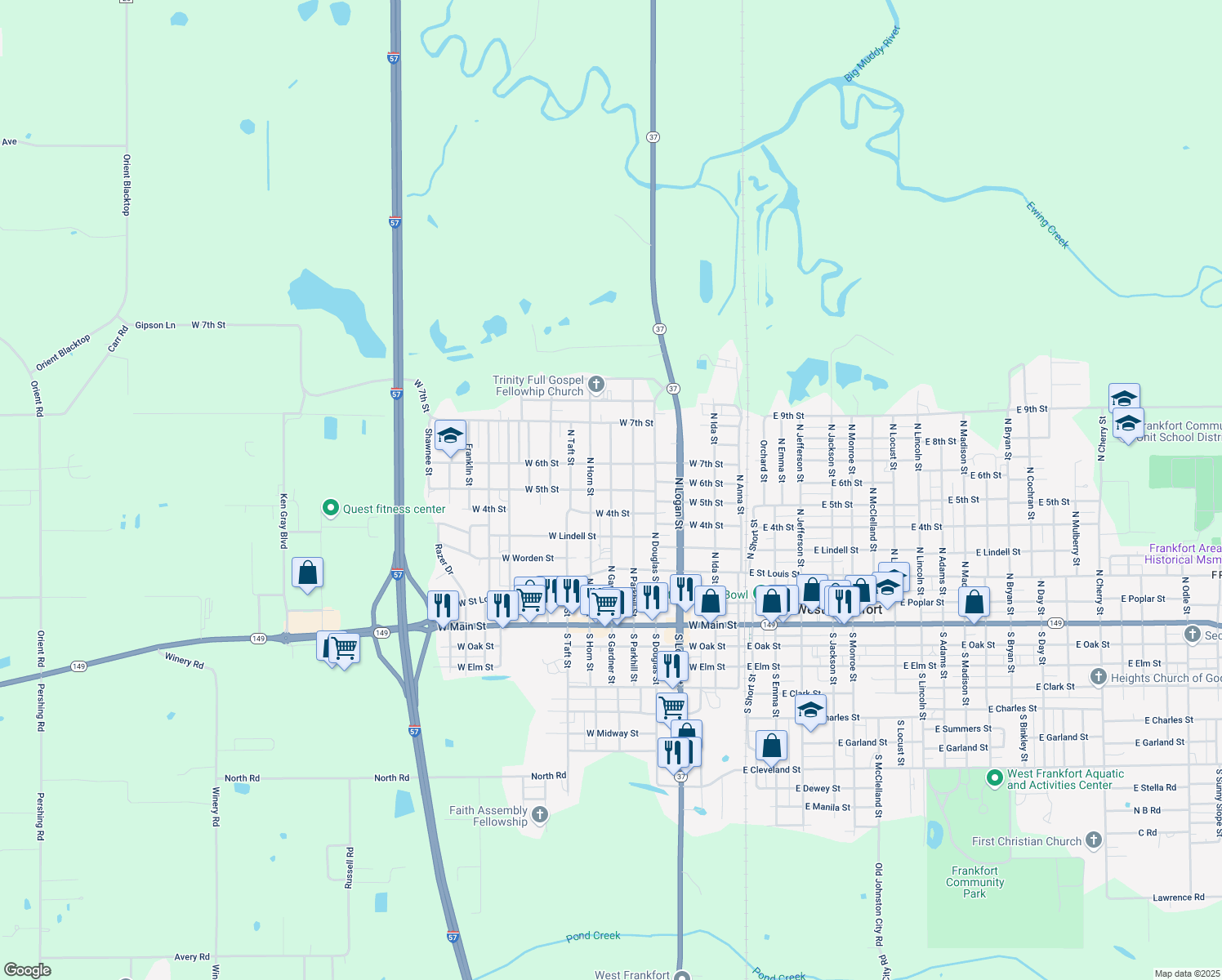 map of restaurants, bars, coffee shops, grocery stores, and more near 598 W 5th St in West Frankfort
