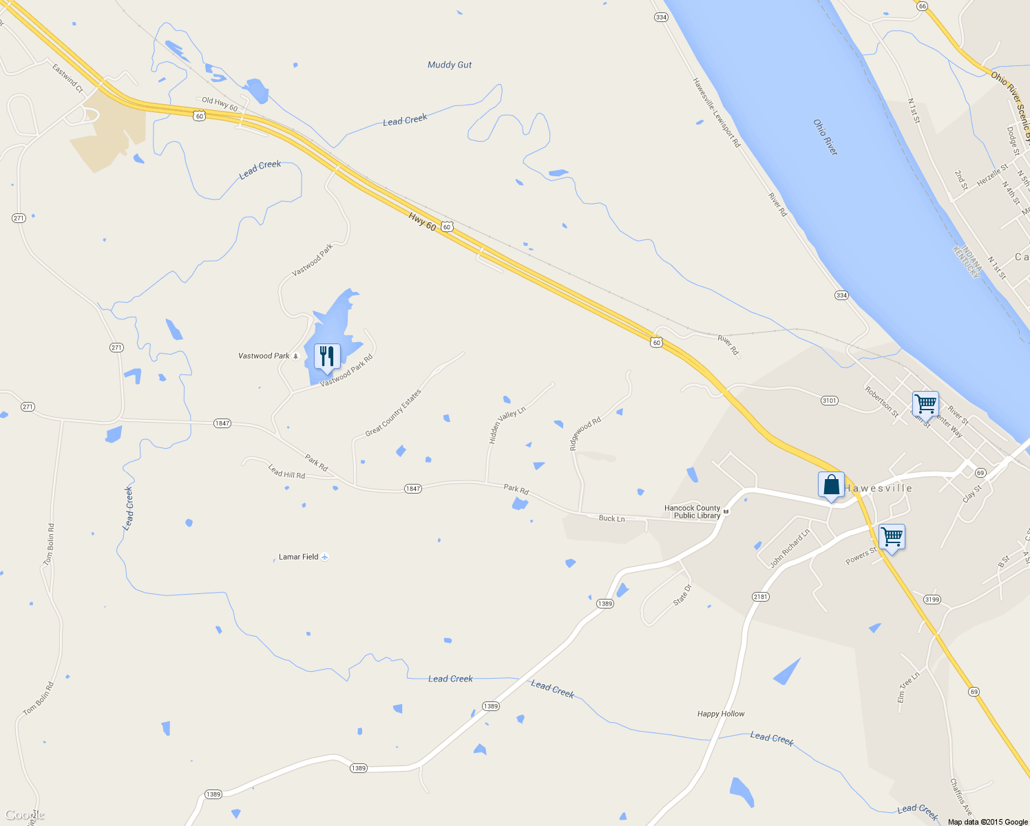 map of restaurants, bars, coffee shops, grocery stores, and more near Hidden Valley Lane in Hawesville