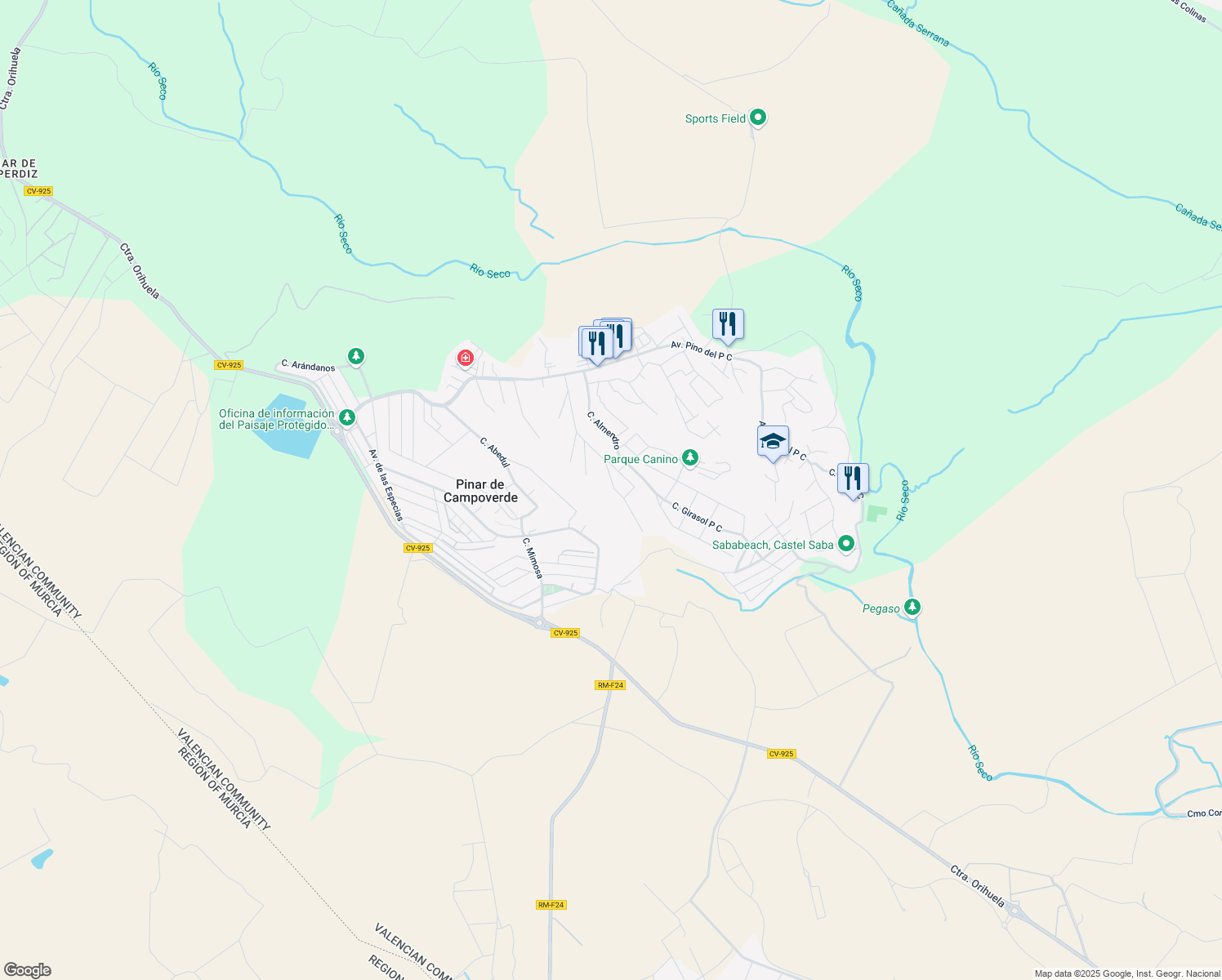 map of restaurants, bars, coffee shops, grocery stores, and more near 24 Calle Albaricoquero in Pinar de Campoverde