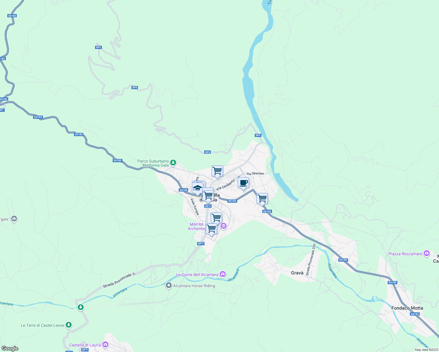 map of restaurants, bars, coffee shops, grocery stores, and more near 2-5 Piazza Prescimone in Francavilla di Sicilia