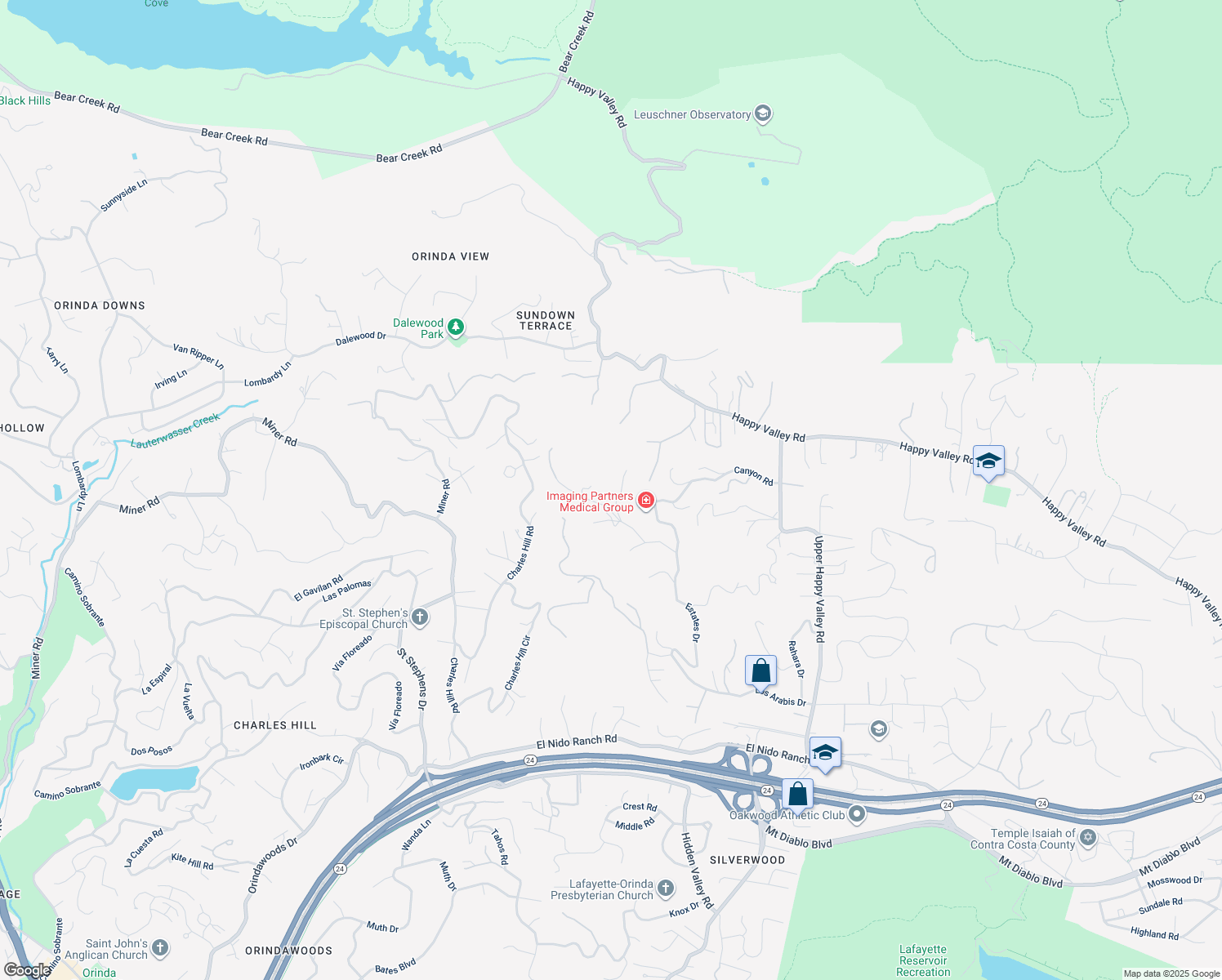 map of restaurants, bars, coffee shops, grocery stores, and more near 4146 Canyon Road in Lafayette
