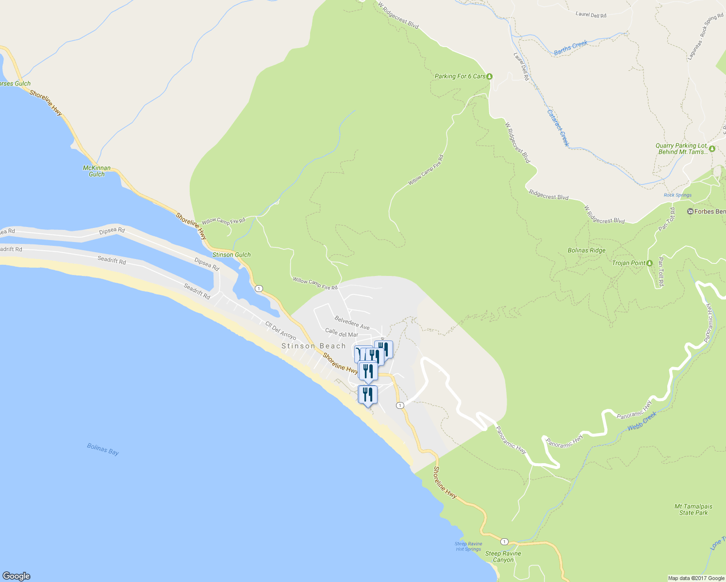 map of restaurants, bars, coffee shops, grocery stores, and more near 17 Avenue Las Baulinas in Stinson Beach