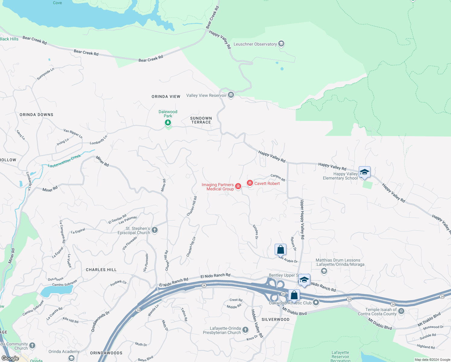 map of restaurants, bars, coffee shops, grocery stores, and more near 4146 Canyon Road in Lafayette