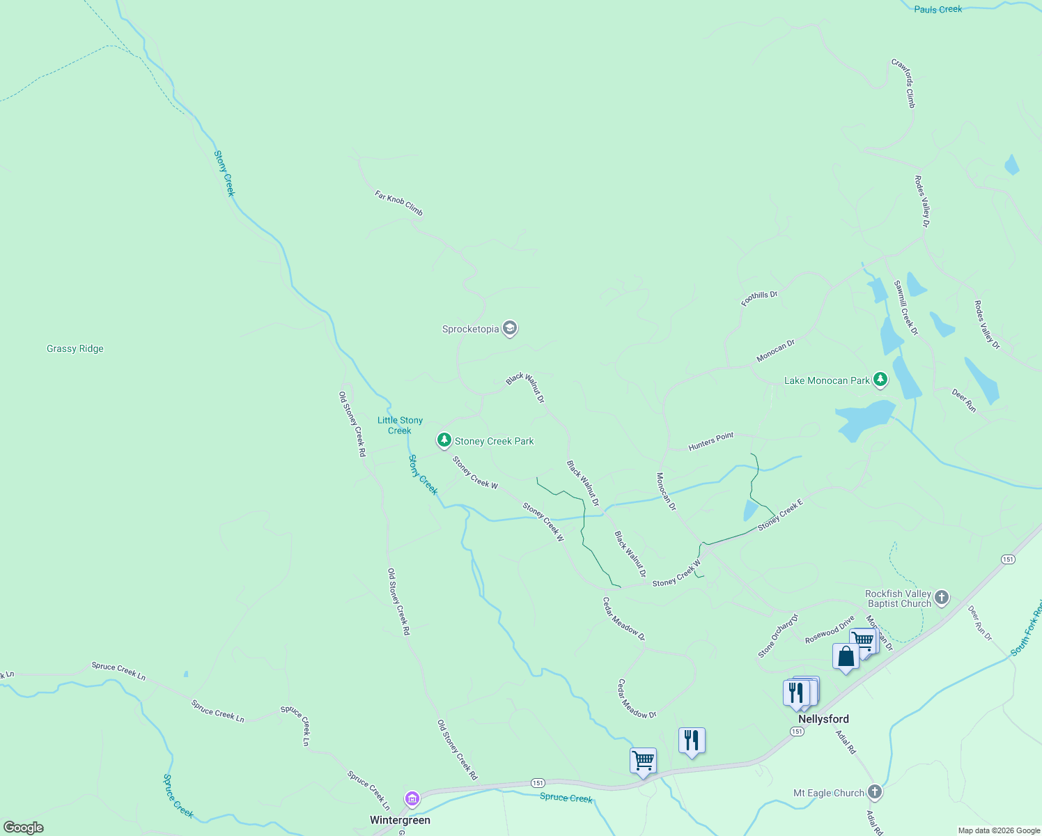 map of restaurants, bars, coffee shops, grocery stores, and more near Black Walnut Drive in Nellysford