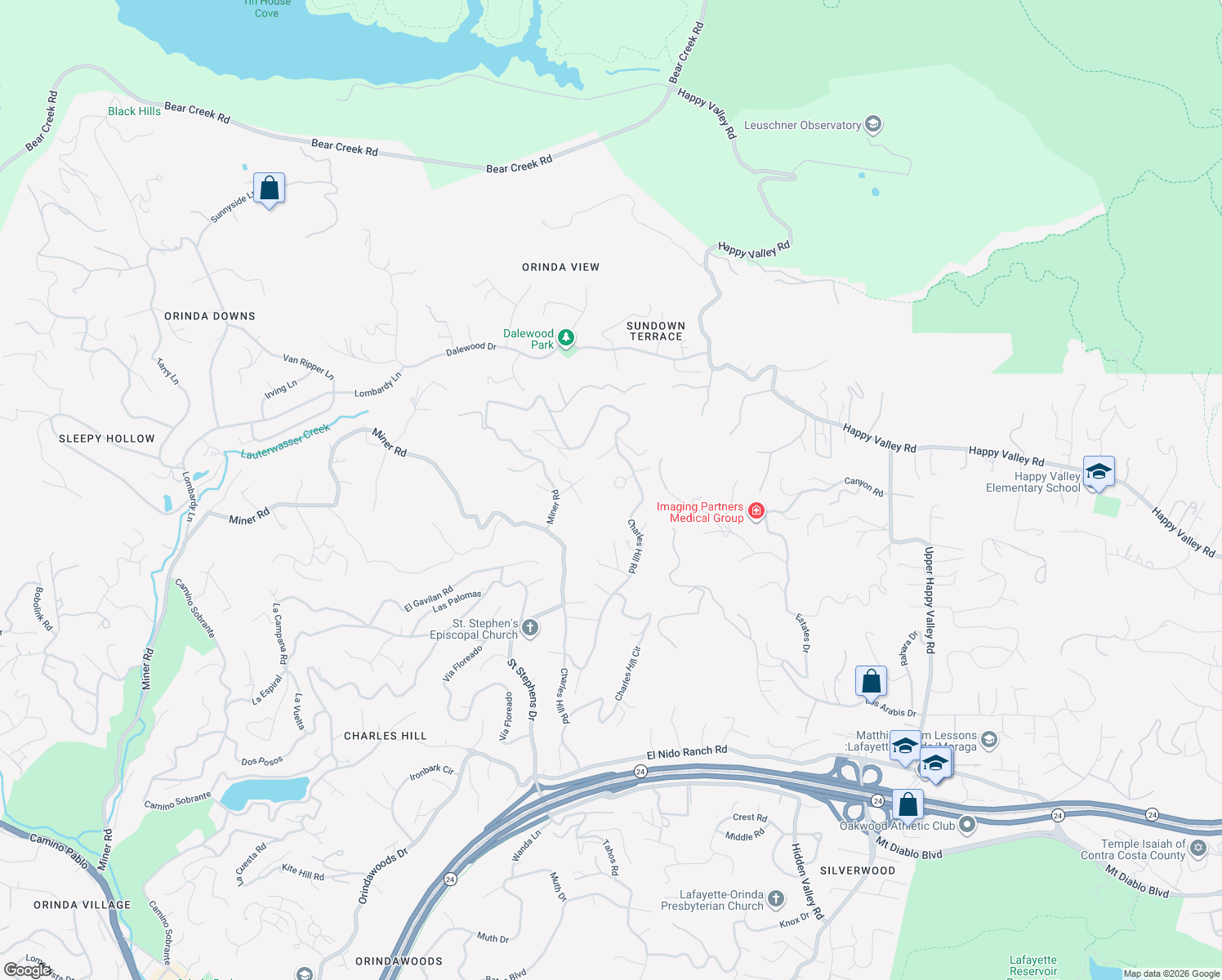 map of restaurants, bars, coffee shops, grocery stores, and more near 123 Diablo View Drive in Orinda
