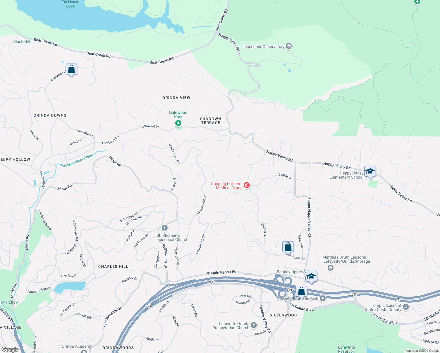 map of restaurants, bars, coffee shops, grocery stores, and more near 4200 Canyon Road in Lafayette